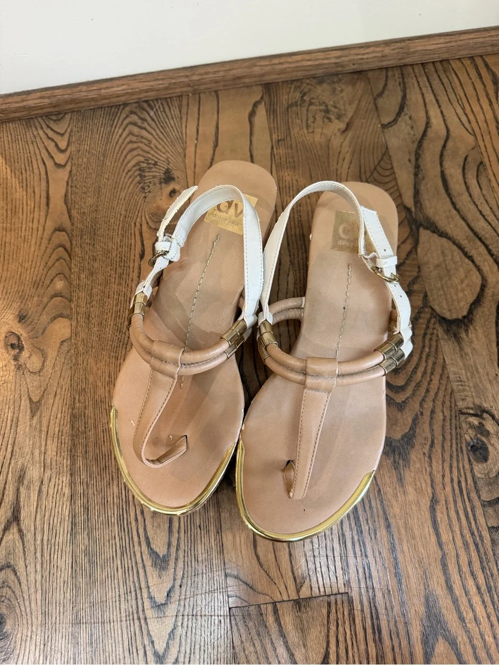 Dolce Vita White and Tan Cork Wedge Sandals with Gold Accents